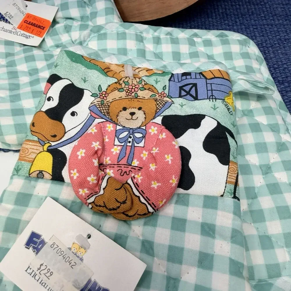 VTG 80s 90s Teddy Bears COW Kitchen Towel Dishcloth Potholder Set Deadstock NOS